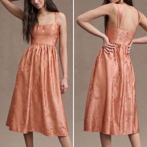 BHLDN Poppy Square Neck Satin Jacquard A-line Midi Dress In Sedona 6